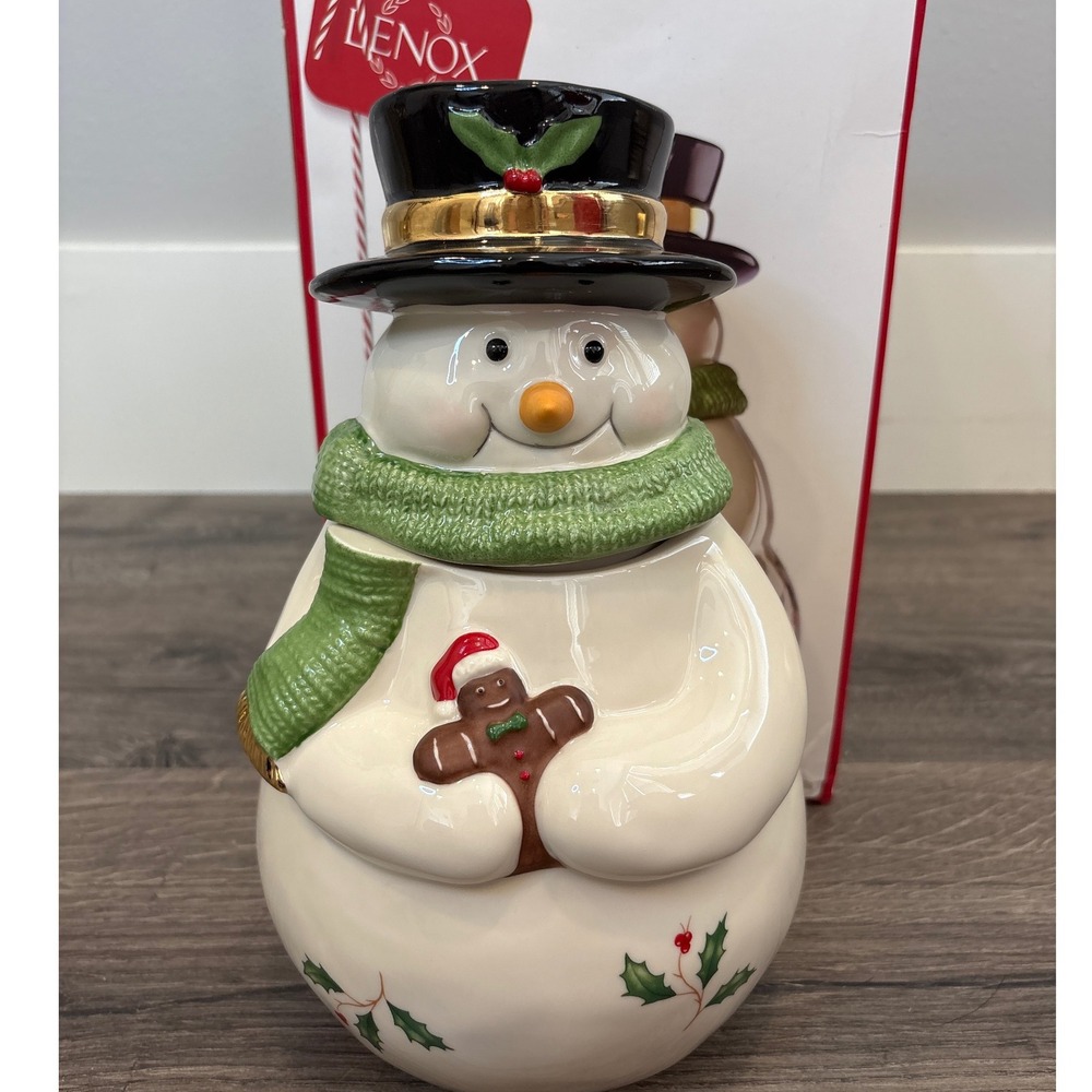 Vintage NEW Lenox Snowman Musical Cookie Jar Gingerbread Man Christmas‎
